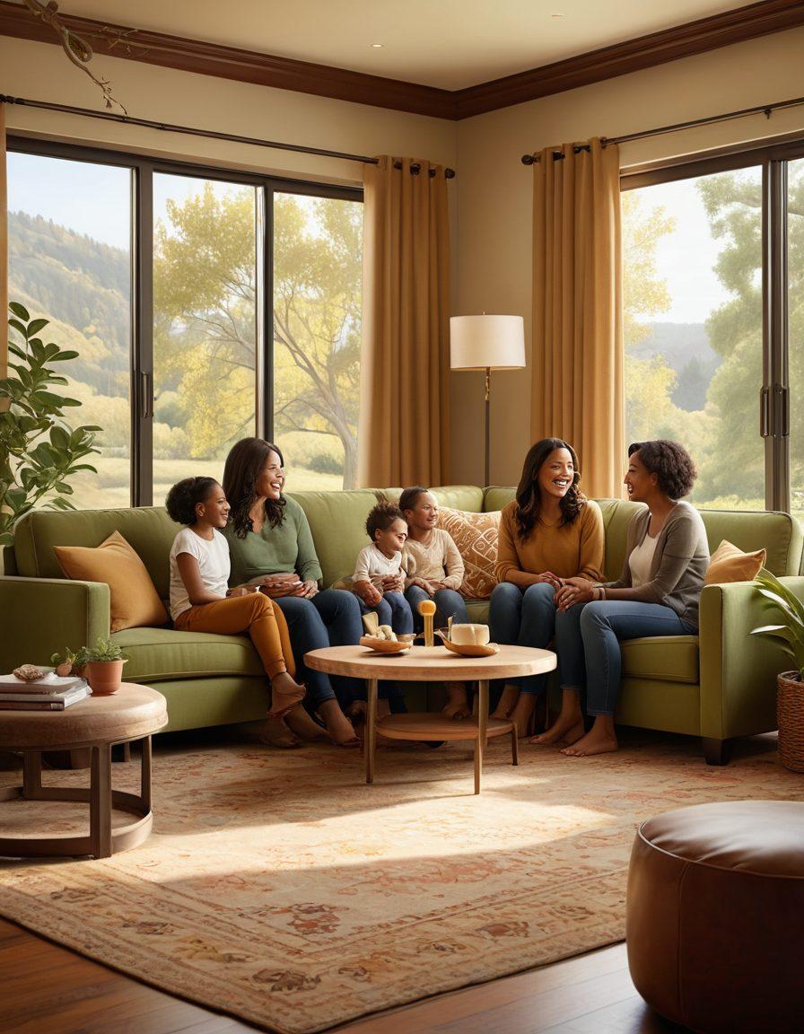 A warm family scene depicting diverse family members sharing moments of joy and support, surrounded by symbols of emotional and financial security, such as shields, hearts, and trees representing growth. Soft, inviting colors create a sense of comfort and connection. The background features serene landscapes that symbolize stability and lasting bonds. super-realistic. vibrant colors. warm tones.