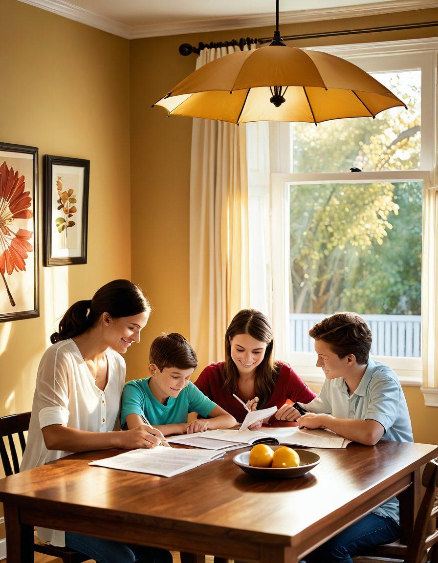 A warm and inviting family home, featuring a loving couple with their children, gathered around a table reviewing insurance documents. Illustrate a sense of security and togetherness, with a soft glow from the window symbolizing hope. Include visual elements like an umbrella symbolizing protection above them, and family photos in the background. super-realistic. vibrant colors. soft lighting.